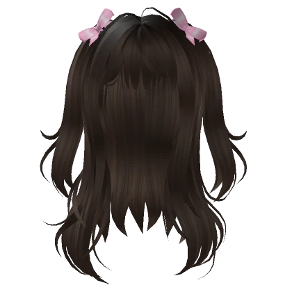 Brown Wavy Hair With Doll Pigtails + Pink Bows