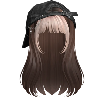 Brown&Blonde long girl hair w/ Y2K Distressed Hat