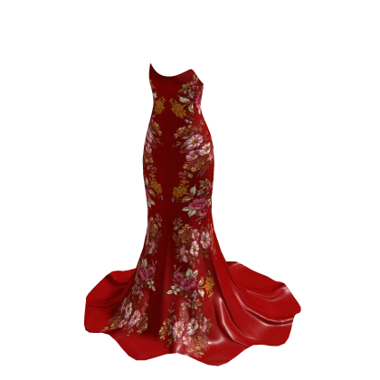 ♡ Strapless Pastel Floral Red Elegant Dress (V2)
