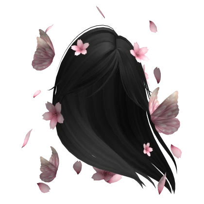 Soft Windy Black Hair w/ Pink Flowers 