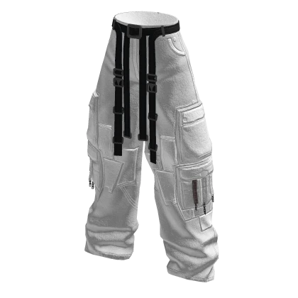 Baggy Cargo Pants w/ Pockets & Belt Straps White