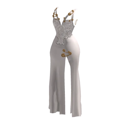 White and Gold Safety Pin Long Dress