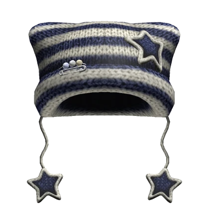 Striped Kitty Knit Pin Star Beanie [Navy/White]