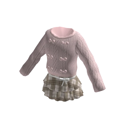 Coquette Pink Bow Sweater Plaid Skirt Brown Outfit