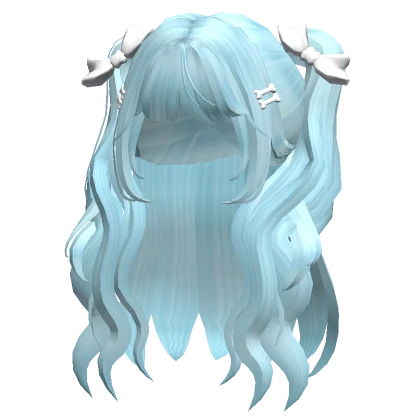 Long Wavy Pigtails w/ Bow Light Blue