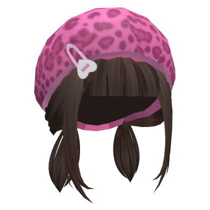 Brown Pigtails w Pink Leopard Hat