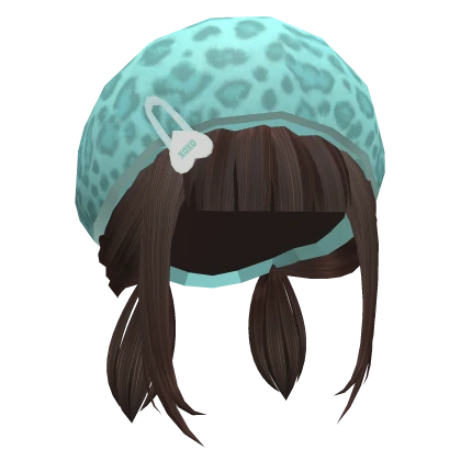 Brown Pigtails w Cyan Leopard Hat