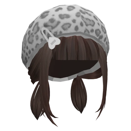 Brown Pigtails w Grey Leopard Hat