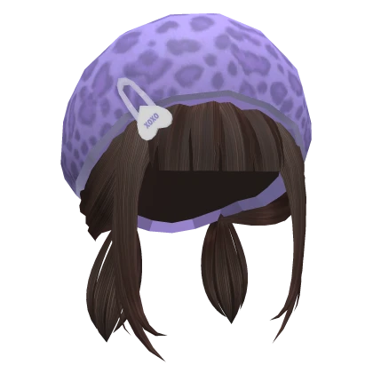 Brown Pigtails w Purple Leopard Hat