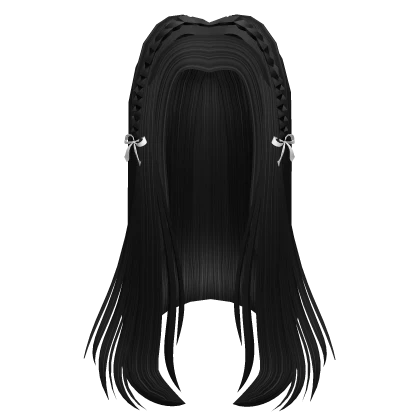 Black Long Straigh Hair w Braid and Ribbon