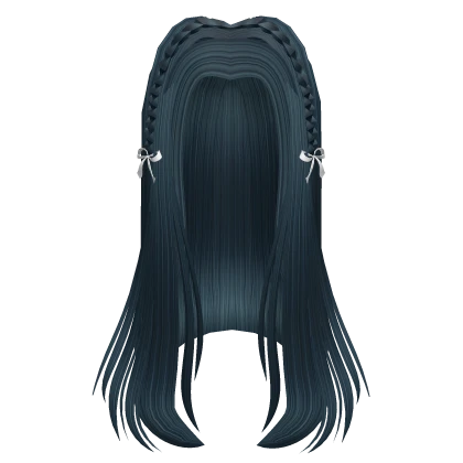 Blue Long Straigh Hair w Braid and Ribbon