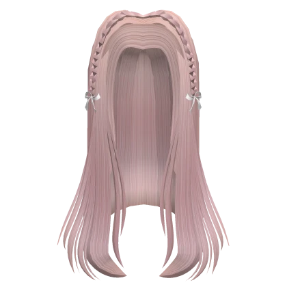 Pink Long Straigh Hair w Braid and Ribbon