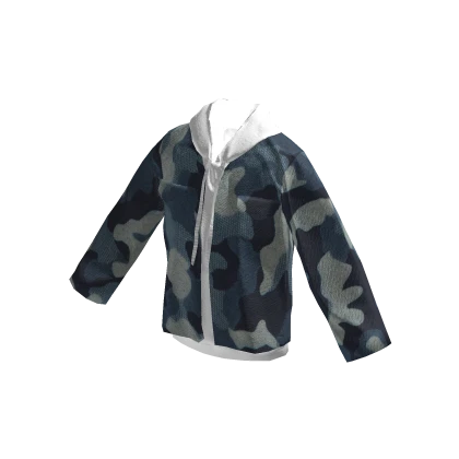 Denim Camo Blue Jacket with White Hoodie - DRESSX