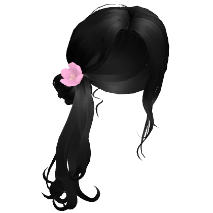 Messy Black Knotted Ponytail Hair with Pink Flower