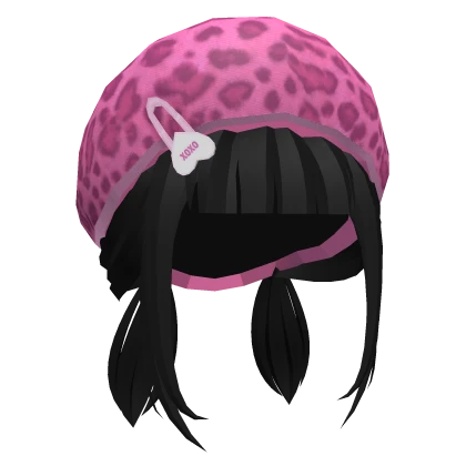 Black Pigtails w Pink Leopard Hat