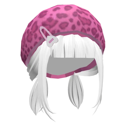 White Pigtails w Pink Leopard Hat