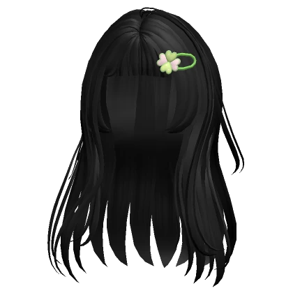 ♡ black long anime hair with clover hairclip