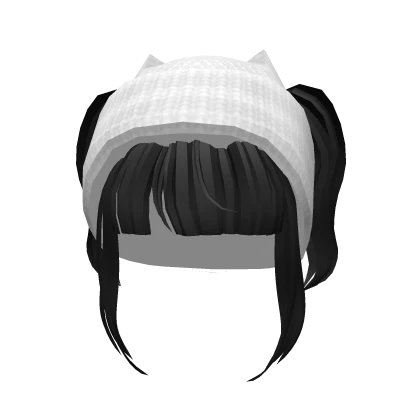 Knitted Kitty Beanie in White w Black Pigtails