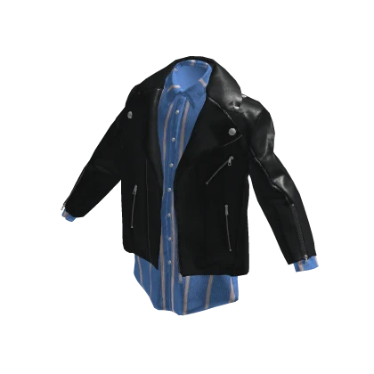 Blue Shirt and leather jacket outfit - DRESSX