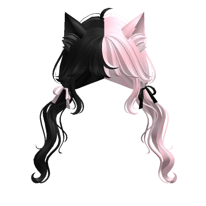 Swirly Pigtails w/ Cat Ears & Ribbons (Black&Pink)