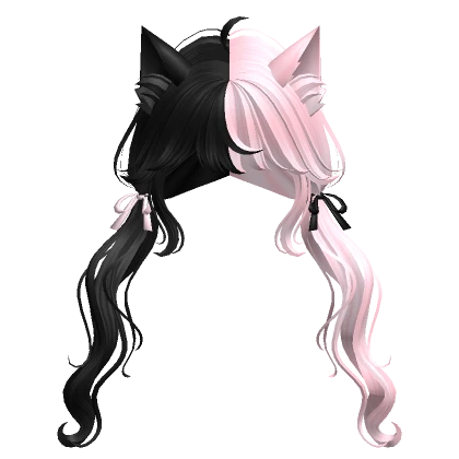 Swirly Pigtails w/ Cat Ears & Ribbons (Black&Pink)