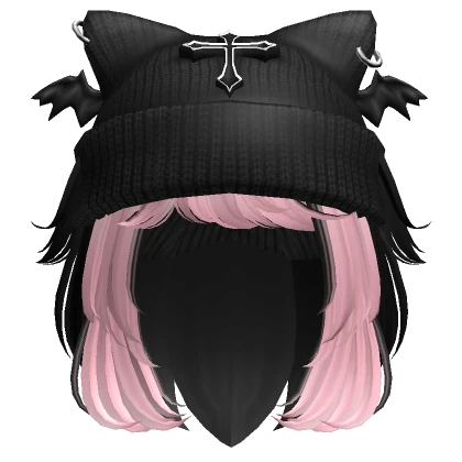 Layered Short Hair w/ Cat Beanie (Black & Pink)