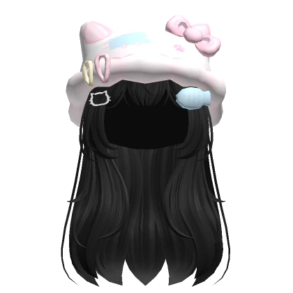 ♡ black layered hair w/ fluffy kawaii kitty beanie