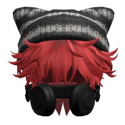 Messy Hair w/ Headphones & Y2K Cat Beanie in Red