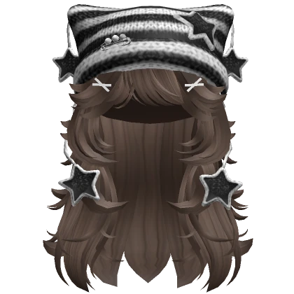 Layered Wolfcut Hair Brown w/ Beanie Black White