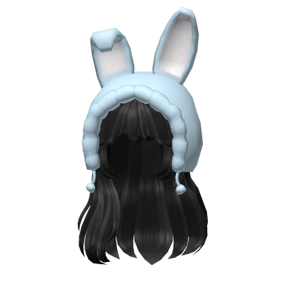 Soft Long Straight Black Hair w Hood Bunny (Blue)