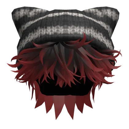 Messy Fluffy Hair w/ Cat Beanie in Red & Black