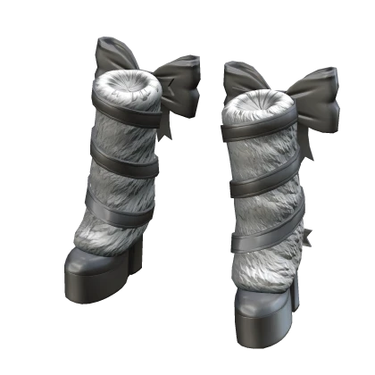 Cozy Fur Ribbon Platform Heels - Silver