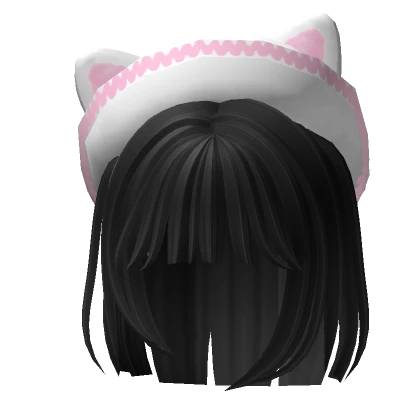 Cute Short Bob Hair with White Cat Beret (Black)