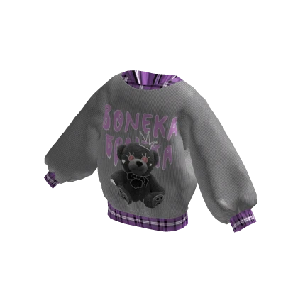 ✨Oversized grey bear sweater purple plaid