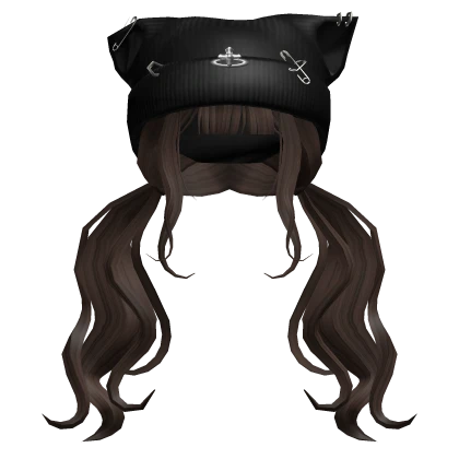 Brunette Wavy Pigtails w/ Grunge Black Cat Beanie 