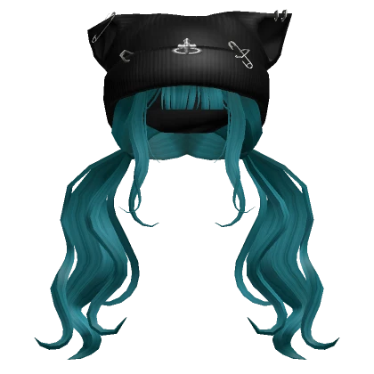 Teal Wavy Pigtails w/ Grunge Black Cat Beanie 