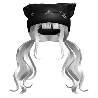 White Wavy Pigtails w/ Grunge Black Cat Beanie 