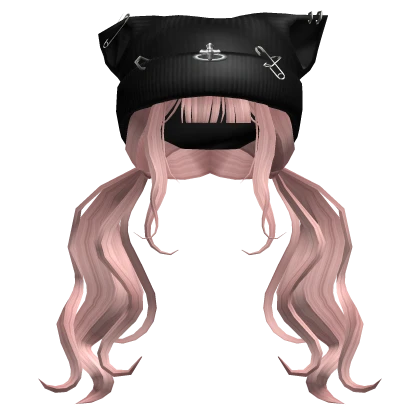 Pink Wavy Pigtails w/ Grunge Black Cat Beanie 