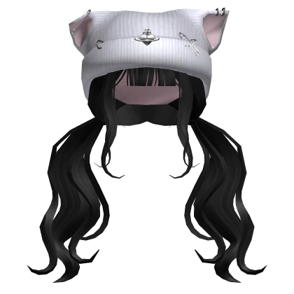 Black Wavy Pigtails w/ Grunge White Cat Beanie 