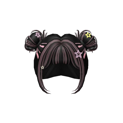 Pigtail Hair Fluffy Bun w/ Stars in Blackw Pink