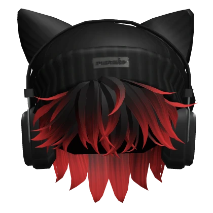 Anime Hair w/ Cat Beanie & Headphones(Black & Red)