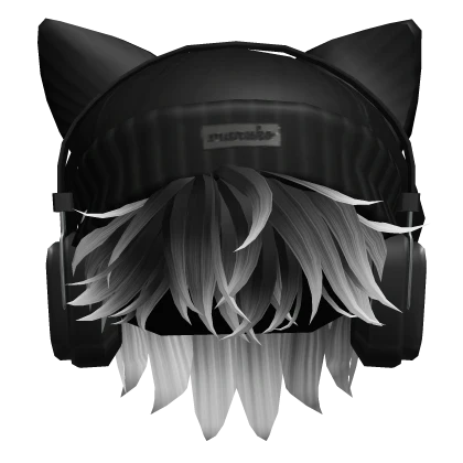 Anime Hair w/ Cat Beanie & Headphones(Black&White)