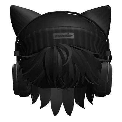 Black Anime Hair w/ Cat Beanie & Headphones