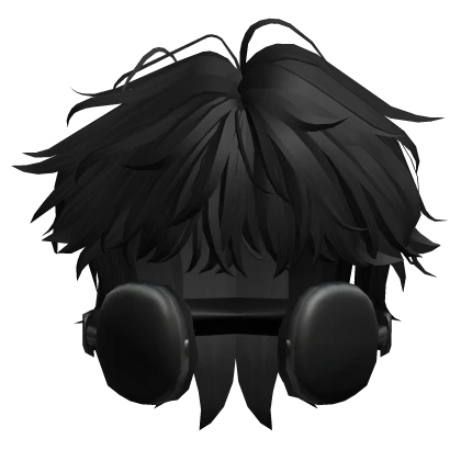 Black Messy Wolf Cut Hair w/ Headphones