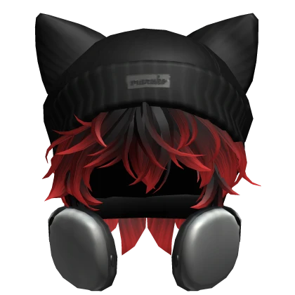 Messy Anime Hair w/ Headphones & Beanie(Red&Black)