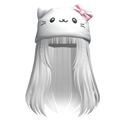 Straight Flowy Hair w/ Fluffy Cat Beanie (silver)