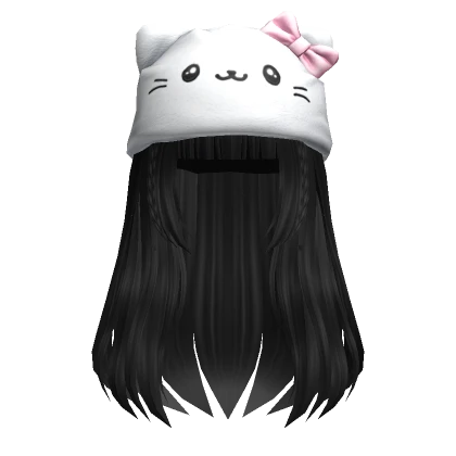 Straight Flowy Hair w/ Fluffy Cat Hat (Black)