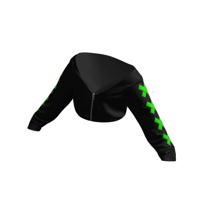 Cropped Half Zipped Black & Green Stitches Hoodie