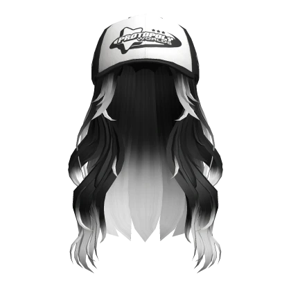 Black White Long Wavy Hair w Black Y2K Cap