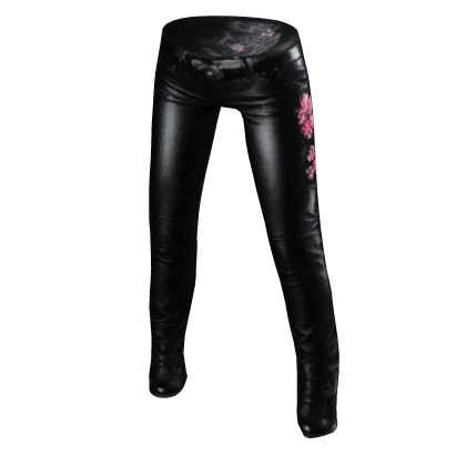 Black Leather Pink Flower Pants
